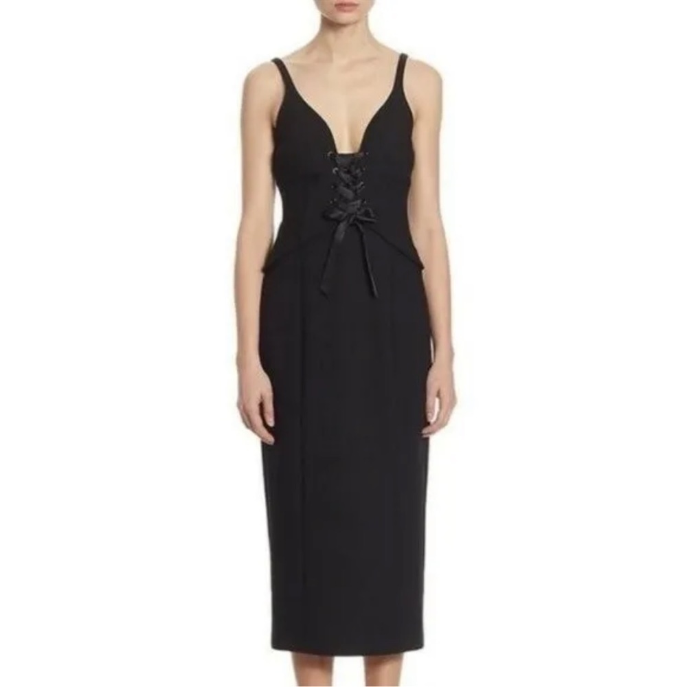 Cinq à Sept Black Demia Lace-Up Corset Midi Dress